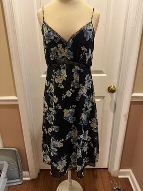 Soprano Black Slip Midi Dress with Blue and Cream Floral Print